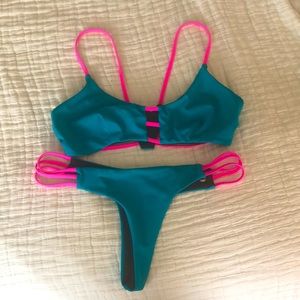 Reversible strappy neon bikini with thong bottom
